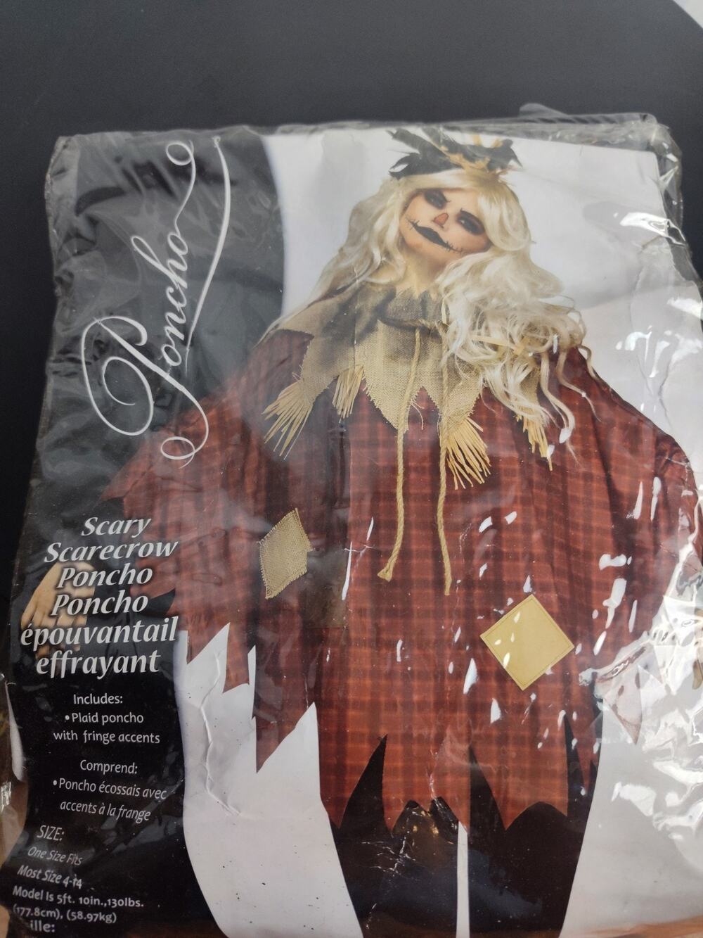 Fun World Scary Scarecrow Poncho Plaid Fringe Accents One Size Fits Size 4-14